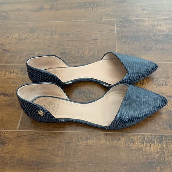 Tory Burch Navy Lizard Embossed Leather Viv D'orsay Pointed Toe Flats Size 6.5 - Picture 2 of 7